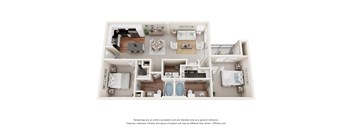 A 3D floor plan of a house with multiple rooms and bathrooms.