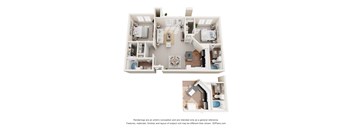 A 3D floor plan of a house with a kitchen, living room, and bathroom.