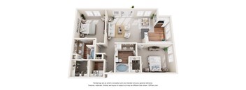 A 3D floor plan of a small apartment with a kitchen, living room, and two bedrooms.