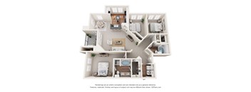 A 3D floor plan of a house with multiple rooms.