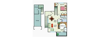 A floor plan of a house with a garage, living room, kitchen, dining room, and bedrooms.