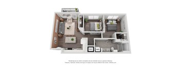 a stylized floor plan with a bedroom and a living room
