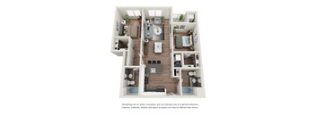 A 3D floor plan of a house with a living room, kitchen, dining room, and bedrooms.