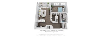 A 3D floor plan of a small apartment with a kitchen, living room, and bedroom.