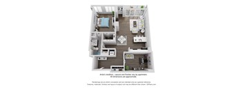 A 3D floor plan of a small apartment with a kitchen, living room, and bedroom.