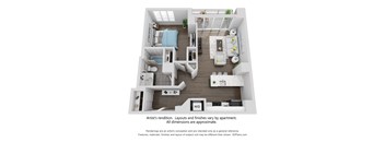 A 3D floor plan of an artist's rendition of an apartment layout.