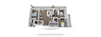 A 3D floor plan of an apartment with various rooms and furniture.