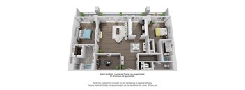 A 3D floor plan of an apartment layout with various rooms and furniture.