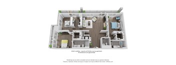 A 3D floor plan of a house with rooms and furniture.