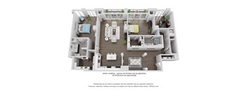 A 3D floor plan of an apartment with various rooms and furniture.