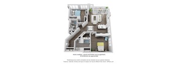 A 3D floor plan of an apartment layout.