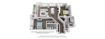 A 3D floor plan of a house with a kitchen, living room, and bedrooms.