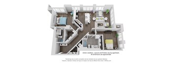 A 3D floor plan of an apartment layout.