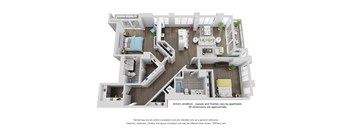 A 3D floor plan of a house with a kitchen, living room, and bedrooms.