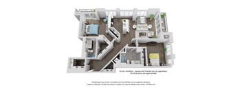 A 3D floor plan of a multi-level apartment with various rooms and furniture.