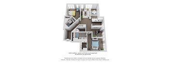 A floor plan of a two-bedroom apartment with a living room, kitchen, and bathroom.