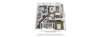 A 3D floor plan of a house with a kitchen, living room, and bedrooms.