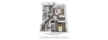 A 3D floor plan of a house with a kitchen, living room, and bedrooms.
