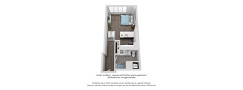 A 3D floor plan of a small apartment with a bedroom, bathroom, and kitchen.