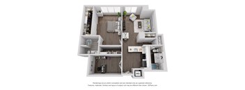 A 3D floor plan of a house with a kitchen, living room, and two bedrooms.