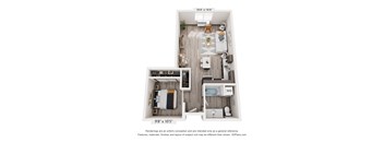 A 3D floor plan of a small apartment with a kitchen, living room, and bathroom.
