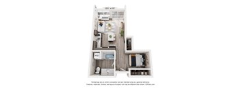 A floor plan of a small apartment with a kitchen, living room, and bathroom.