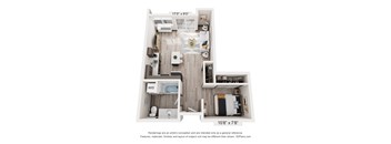 A floor plan of a small apartment with a kitchen, living room, and bathroom.