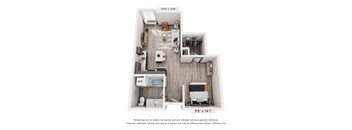 A 3D floor plan of a small apartment with a kitchen, living room, and bedroom.