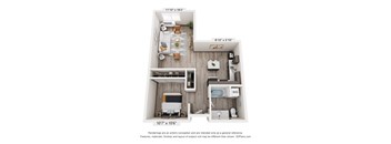 A 107" x 106" floor plan of a studio apartment with a kitchen, living room, and bedroom.