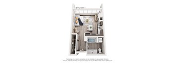 A 3D floor plan of a small apartment with a bedroom, living room, and bathroom.
