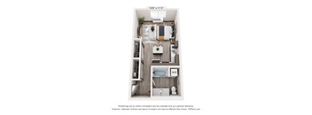A 3D floor plan of a small apartment with a kitchen, living room, and bathroom.