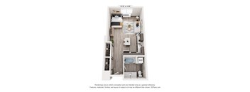 A floor plan of a small apartment with a kitchen, living room, and bathroom.