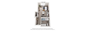 A 3D floor plan of a small apartment with a kitchen, living room, and bathroom.
