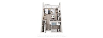 A 3D floor plan of a small apartment with a kitchen, living room, and bathroom.