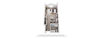 A 3D floor plan of a small apartment with a kitchen, living room, and bathroom.