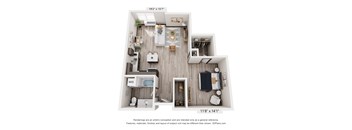 A 3D floor plan of a small apartment with a living room, kitchen, and bathroom.
