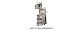 A 3D floor plan of a small apartment with a kitchen, living room, and bathroom.
