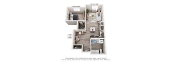 A 3D floor plan of a small apartment with a kitchen, living room, and bathroom.