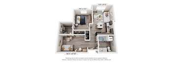 A 3D floor plan of a small apartment with a kitchen, living room, and bedroom.