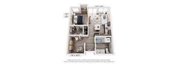 A 3D floor plan of a small apartment with a kitchen, living room, and bedroom.