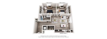 A 3D floor plan of a small apartment with a kitchen, living room, and bedroom.