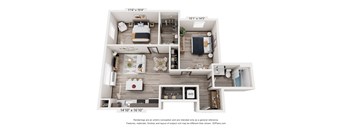 A floor plan of a two-bedroom apartment with a living room, kitchen, and bathroom.