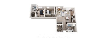 A 3D floor plan of a small apartment with a kitchen, living room, and bathroom.