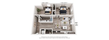 A 3D floor plan of a small apartment with a living room, kitchen, and two bedrooms.