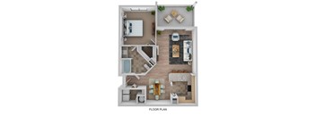 A floor plan of a small apartment with a kitchen, living room, and bathroom.