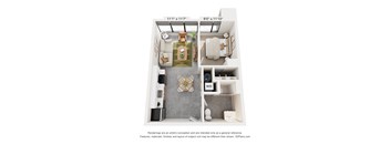 A 3D floor plan of a small apartment with a living room, kitchen, and bathroom.