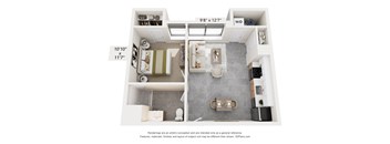 A 3D floor plan of a small apartment with a living room, kitchen, and bathroom.