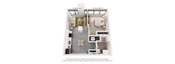 A floor plan of a small apartment with a living room, kitchen, and bathroom.