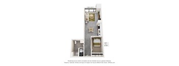 A 3D floor plan of a small apartment with a kitchen, living room, and bathroom.