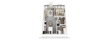 A floor plan of a small apartment with two bedrooms, a living room, and a kitchen.